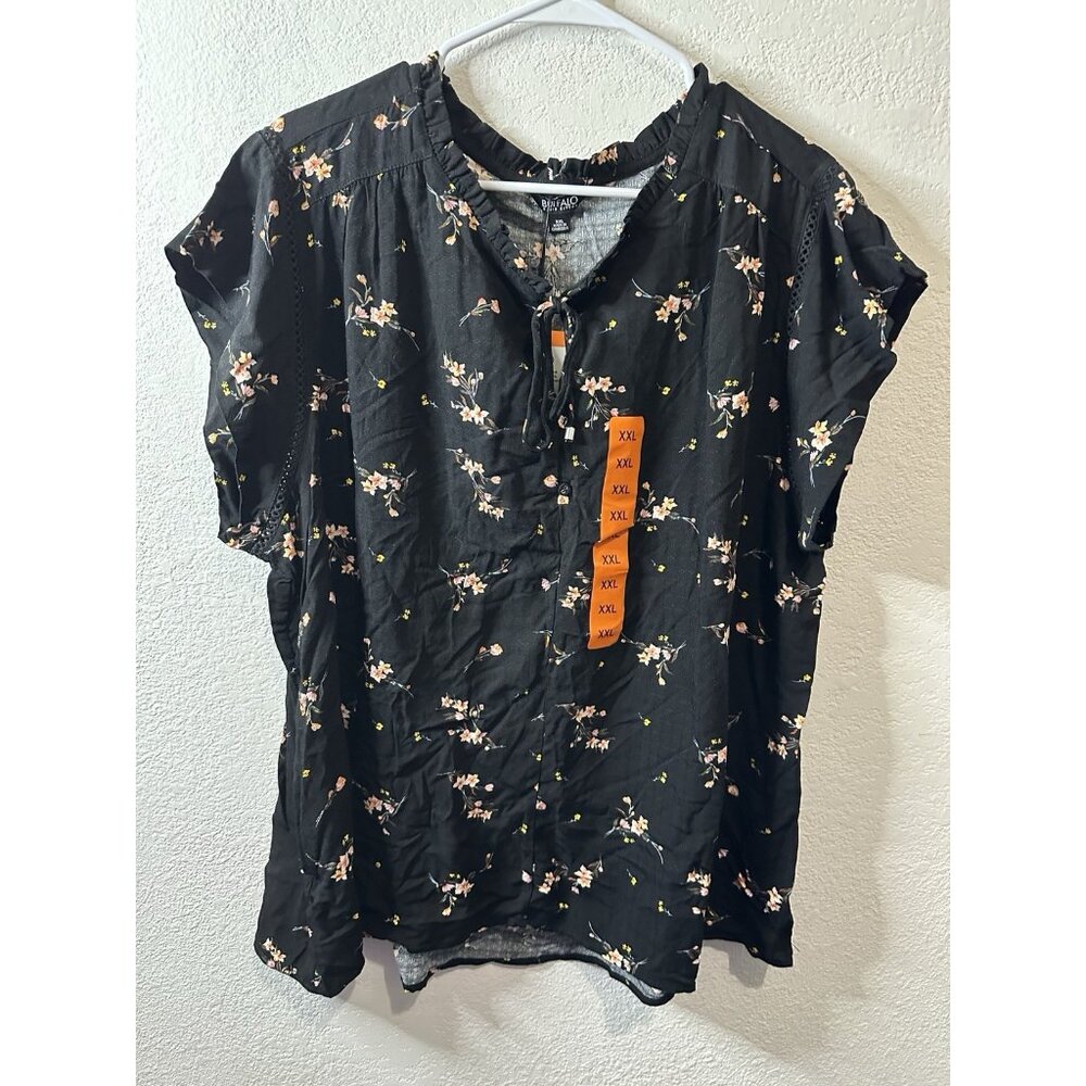 Buffalo By David Button Crinkle Black Floral Short Sleeve Blouse Shirt Size XXL